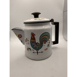 Vintage BERGGREN Enamel Coffee Pot Kettle Swedish Rooster Flower EXQUISITE D20